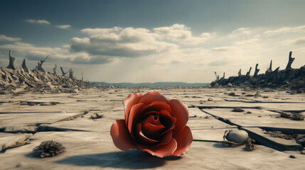 Stop war now, A lonely red rose among the ruins of war.