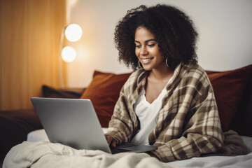 Happy Young African American Woman Relaxing With Laptop ai generated