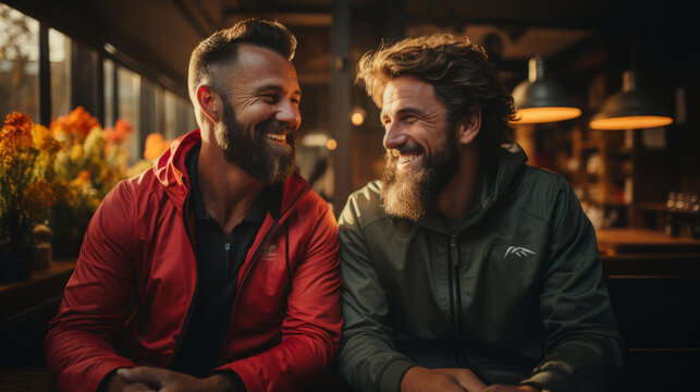Two happy men with beards are sitting indoors in café