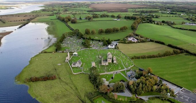 A 4K Drone reveal of a flooding  River Shannon basin at Clonmacnoise Co Offaly Ireland