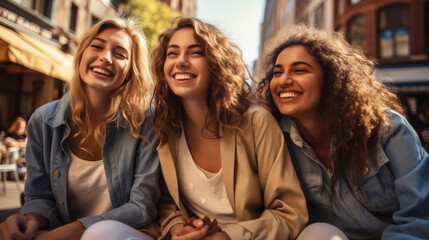 Group of friends having fun together outdoors, while hanging out together in the city, Happy spending quality time together.