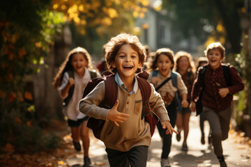 Obraz premium Kids Are Running To The School With Backpacks Young