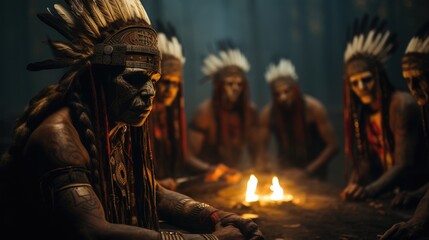 Fototapeta na wymiar Tribe wearing mask sitting around bonfire, Ancient times.