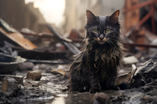 Alone, wet, dirty and hungry domestic cat after disaster on the background of house rubble. Neural network generated image. Not based on any actual scene.