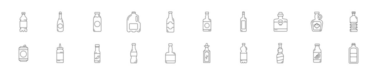 Set of icons with different bottles in linear style. Vector illustration.