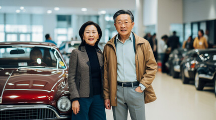Old Chinese lady and gentleman are standing in car shop near the red vehicle