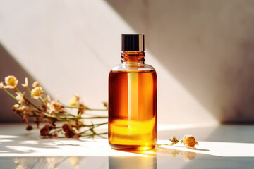 Obraz na płótnie Canvas Open Amber Bottle With Serum Or Essential Oil