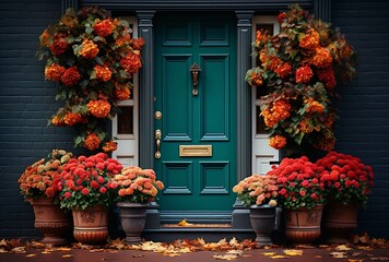 Fototapeta na wymiar Welcoming Home Entrance with Autumn Decor