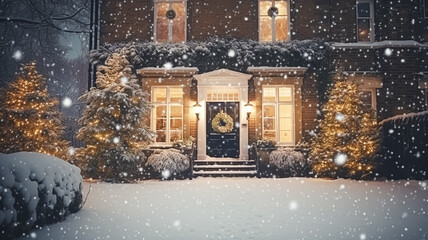 Christmas in the countryside manor, English country house mansion decorated for holidays on a snowy winter evening with snow and holiday lights, Merry Christmas and Happy Holidays