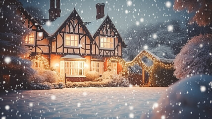 Fototapeta premium Christmas in the countryside manor, English country house mansion decorated for holidays on a snowy winter evening with snow and holiday lights, Merry Christmas and Happy Holidays