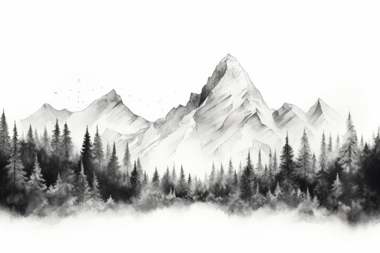 Black and white drawing of a mountain with trees