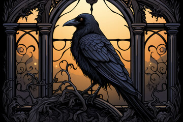 Black bird raven is sitting on top of a window. Digital art