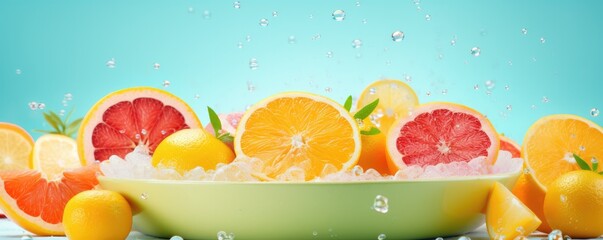 Fresh ripe flowing citrus fruit halfed and cut, healthy food concept panorama. Generative Ai.