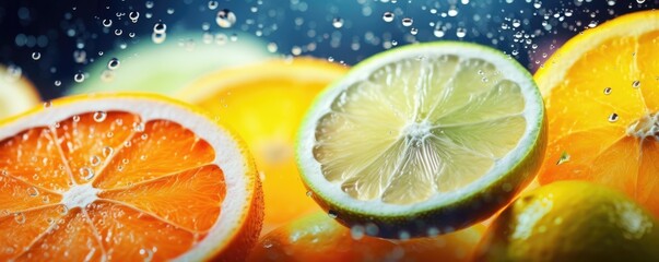 Fresh ripe flowing citrus fruit halfed and cut, healthy food concept panorama. Generative Ai.