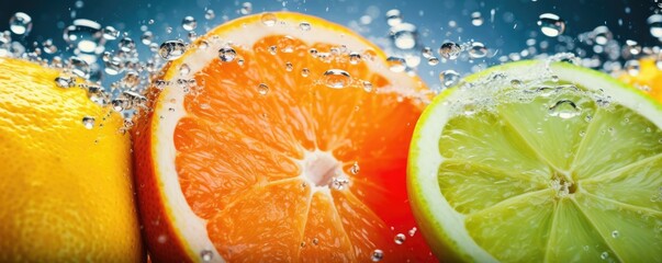 Fresh ripe flowing citrus fruit halfed and cut, healthy food concept panorama. Generative Ai.