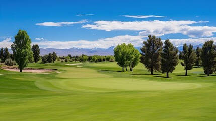 Fototapeta na wymiar green golf course, clear weather views . Generative AI