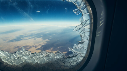 Obraz premium Broken glass of window, view from the airplane, photo