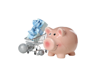 PNG, Piggy bank, gift box and shopping cart, isolated on white background