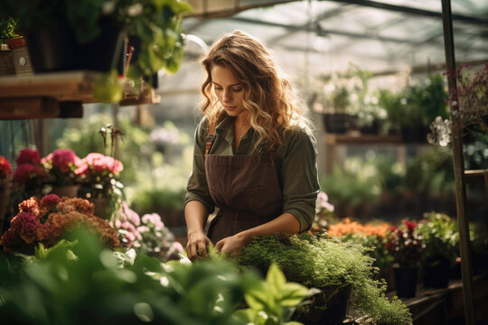 Woman Working In A Greenhouse Flower Plant Nursery