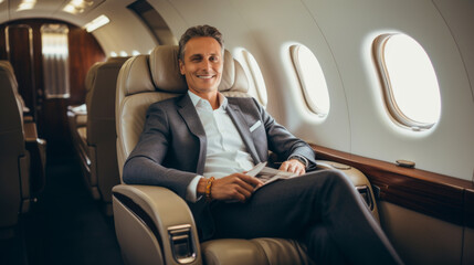 Businessman sits in a luxurious first class airplane