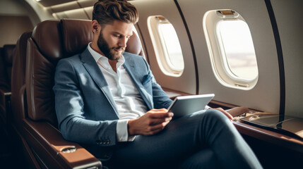 Fototapeta na wymiar With tablet in hands. Businessman sits in a luxurious first class airplane