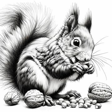 AI generated illustration of a pencil sketch of a squirrel holding nuts