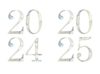 Watercolor hand drawn lettering isolated. Handwritten message vertical. Numbers date 2024, 2025. Can be used as a print, for cards, banner or poster.