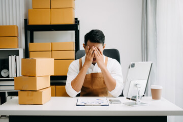 Small business entrepreneur SME freelance woman working at office, BOX,tablet and laptop online, marketing, packaging, delivery concept