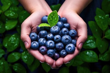 Fresh ripe blueberries covered with fresh watherdrops with green leaves. Generative Ai.