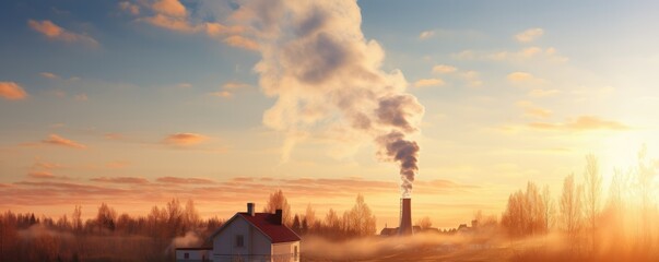 Smoke pollution  from family house chimney on village from heating, panorama. Generative Ai. - obrazy, fototapety, plakaty