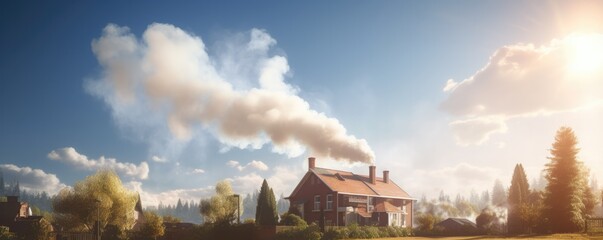 Fototapeta premium Smoke pollution from family house chimney on village from heating, panorama. Generative Ai.