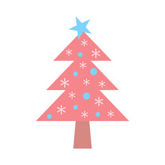 Pink christmas tree. Cute pastel decorated Christmas tree with snowflakes and baubles.