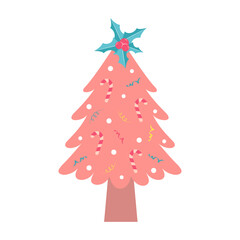 Pink christmas tree. Cute pastel decorated Christmas tree with holly and candy canes.