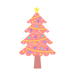Pink christmas tree. Cute pastel decorated Christmas tree with baubles and garland.