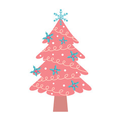 Pink christmas tree. Cute pastel decorated Christmas tree with holly and garland.