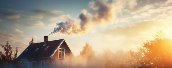 Smoke pollution  from family house chimney on village from heating, panorama. Generative Ai.