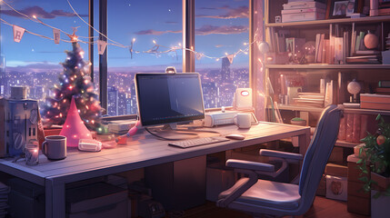 computer on a desk with christmas decoration light and christmas tree lofi anime cartoon style - obrazy, fototapety, plakaty