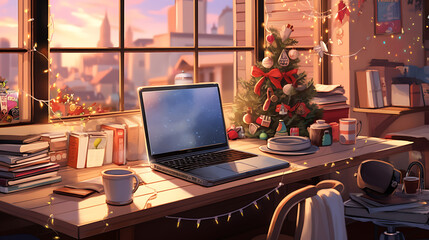 laptop on a desk with christmas tree and a cup of coffee by large window with city view