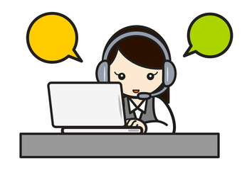パソコンに向かいながら電話を受けるコールセンター女性