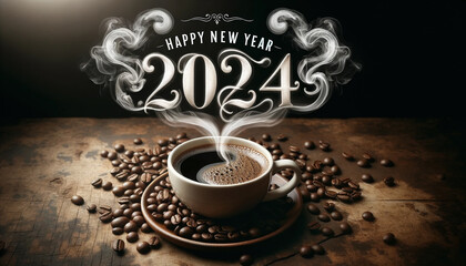 An image a freshly brewed coffee cup on a rustic table, text happy new year 2024 - Generative AI - obrazy, fototapety, plakaty