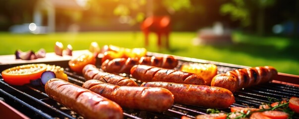 Fresh grilled sausage, vegetables, cheese and steak on outdoor home grill, panorama. Generative Ai.