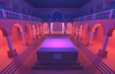 The podium of the vintage palace. Night lighting scene with the generic architecture building in old European style. Colored backdrop for product show. 3d rendering. - 664826032
