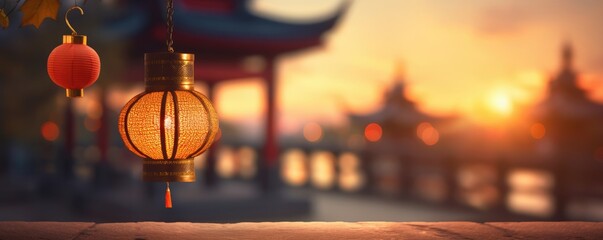 Japanese lantern in the chinese temple in street of city, panorama. Generative Ai.