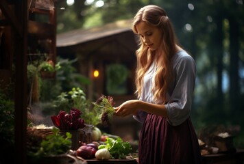 Woman Tending to Vegetables in an Atmospheric Garden