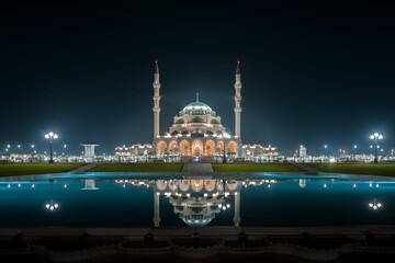 Fototapeta na wymiar Sharjah Mosque illuminated at night, with the tranquil reflection of the lights in the nearby water