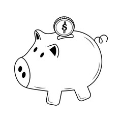 Piggy bank with a coin doodle icon. Saving, investing and accumulation money concept.