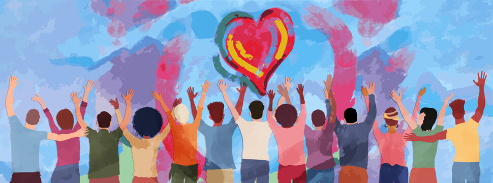 Group of diverse people seen from behind with hands raised. Charitable donation and volunteer work. Support and assistance. People diversity. Multicultural community. NGO. Aid. Nonprofit