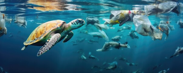 Underwater view of many plastic pollution in ocean water with swimming turtles, panorama. Generative Ai.