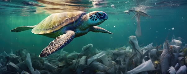 Fototapeta premium Underwater view of many plastic pollution in ocean water with swimming turtles, panorama. Generative Ai.