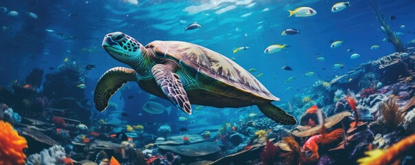Underwater view of many plastic pollution in ocean water with swimming turtles, panorama. Generative Ai.